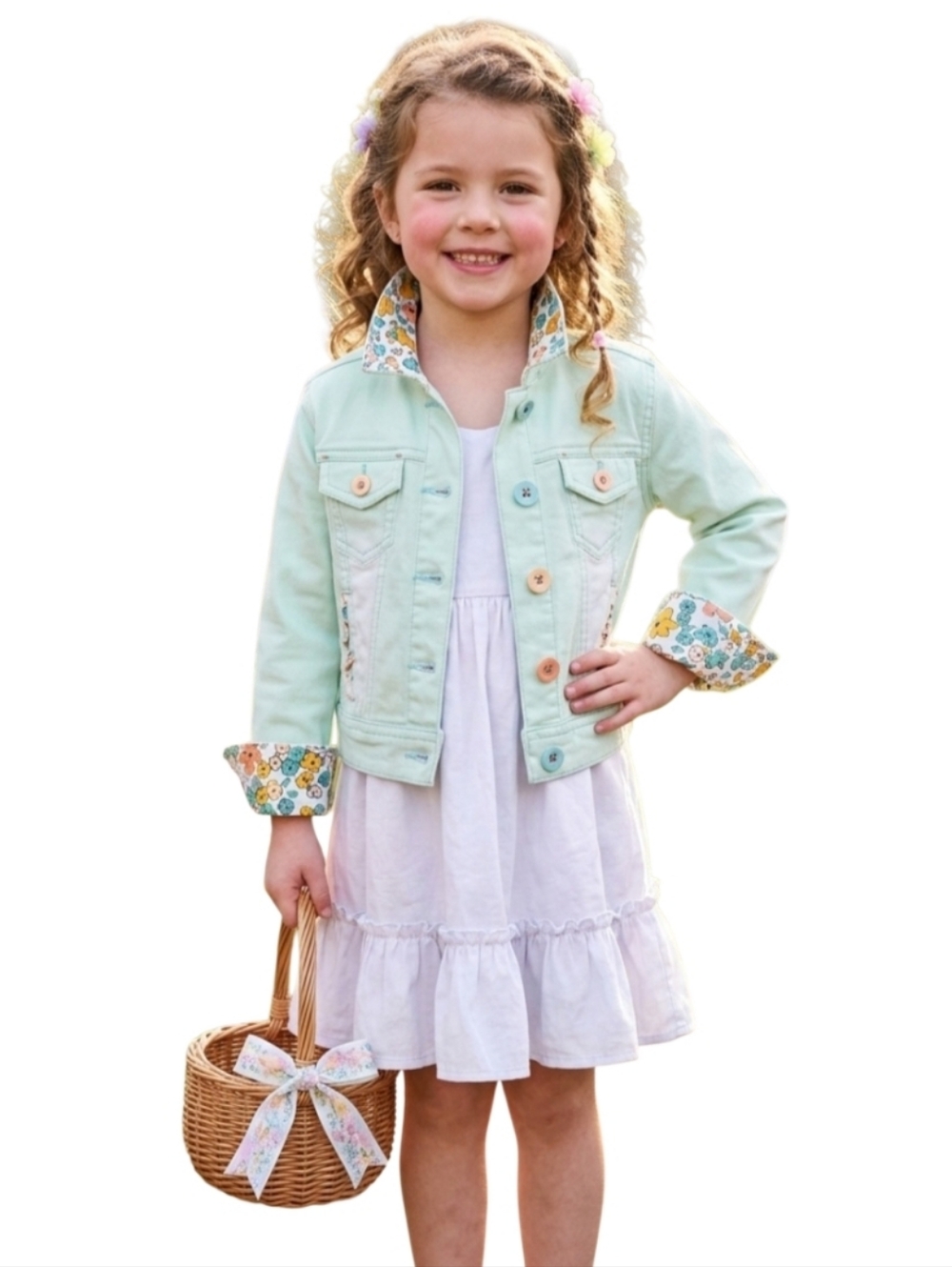 MATILDA JANE Mint Green Pink Jean Jacket with Floral Trim & Pockets NWT